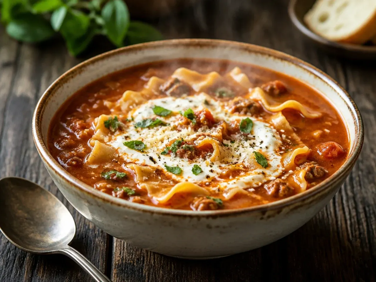 Close-up of high protein lasagna soup in a white bowl, showing lean ground turkey, broken pasta pieces, and a creamy cottage cheese swirl on top