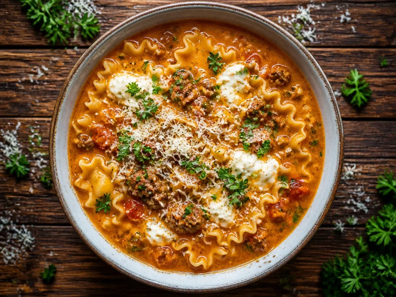 Bowl of classic lasagna soup with Italian sausage, ricotta dollops, and melted mozzarella strings over broken lasagna noodles