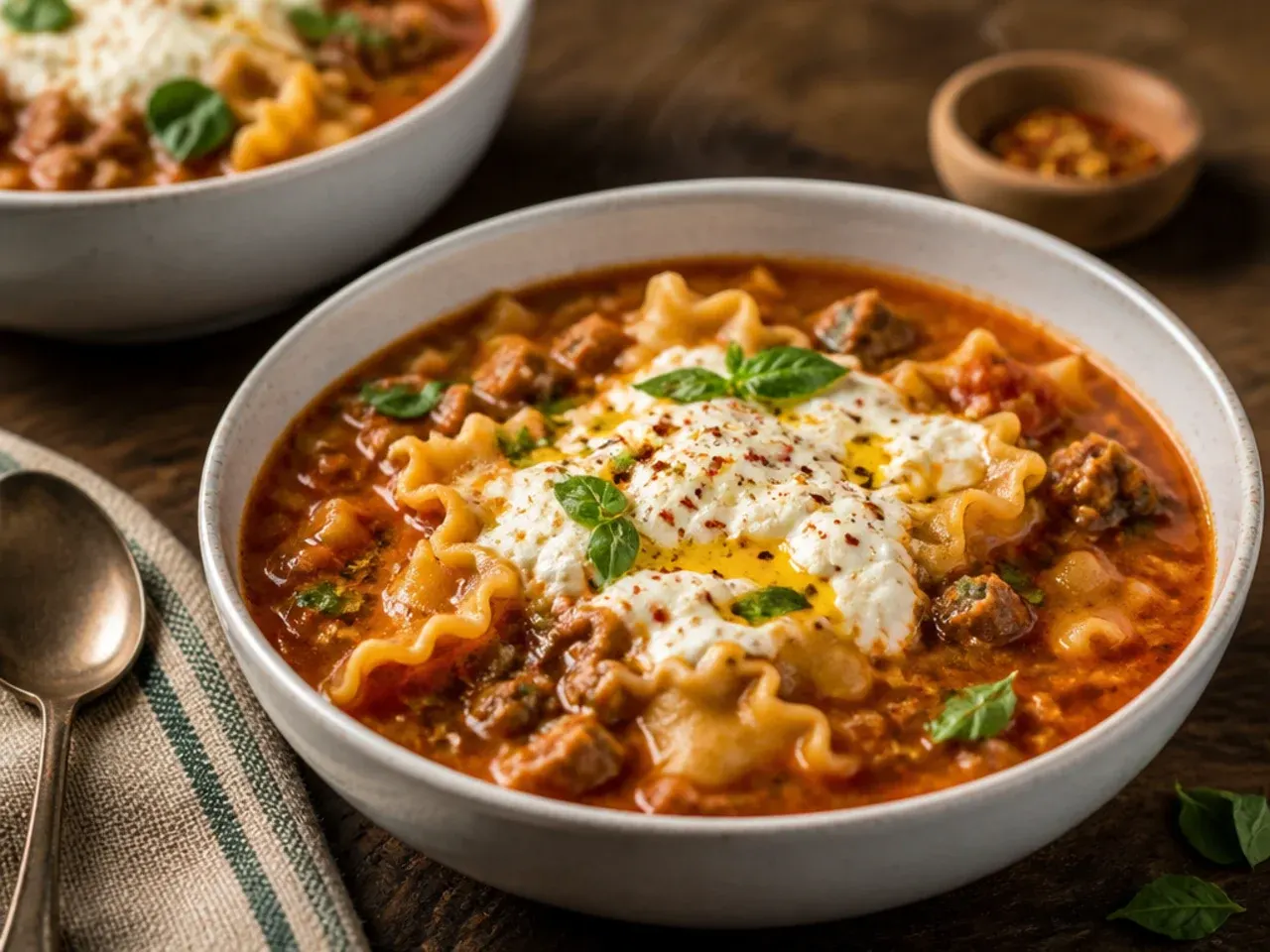 Grocery ingredients for lasagna soup laid out on a counter including mince, tinned tomatoes, cottage cheese, and lasagna sheets with a small chalkboard price tag