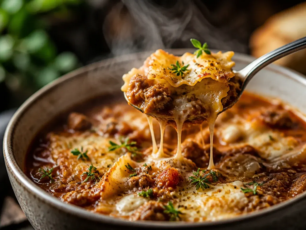Spoon lifting a bite of lasagna soup showing melted cheese, tender pasta, and rich tomato broth