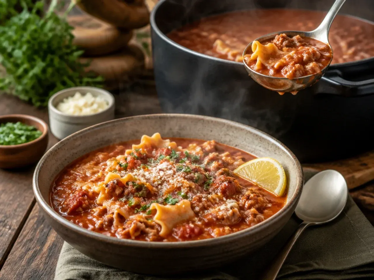 Hands stirring a large pot of simmering lasagna soup on the stovetop with steam rising