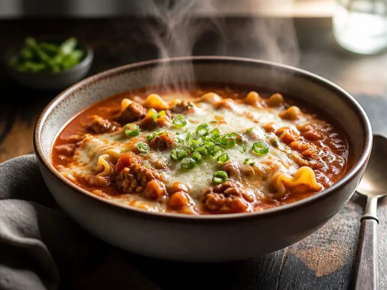 Two bowls of lasagna soup side by side, one topped with cottage cheese swirl and one with dolloped ricotta, for comparison