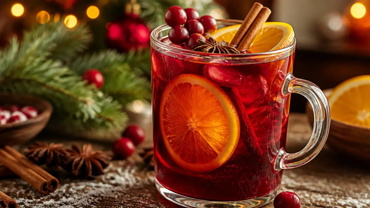 Overhead shot of a holiday drinks table with mulled wine, eggnog, and a sparkling cranberry mocktail garnished with rosemary and cinnamon sticks