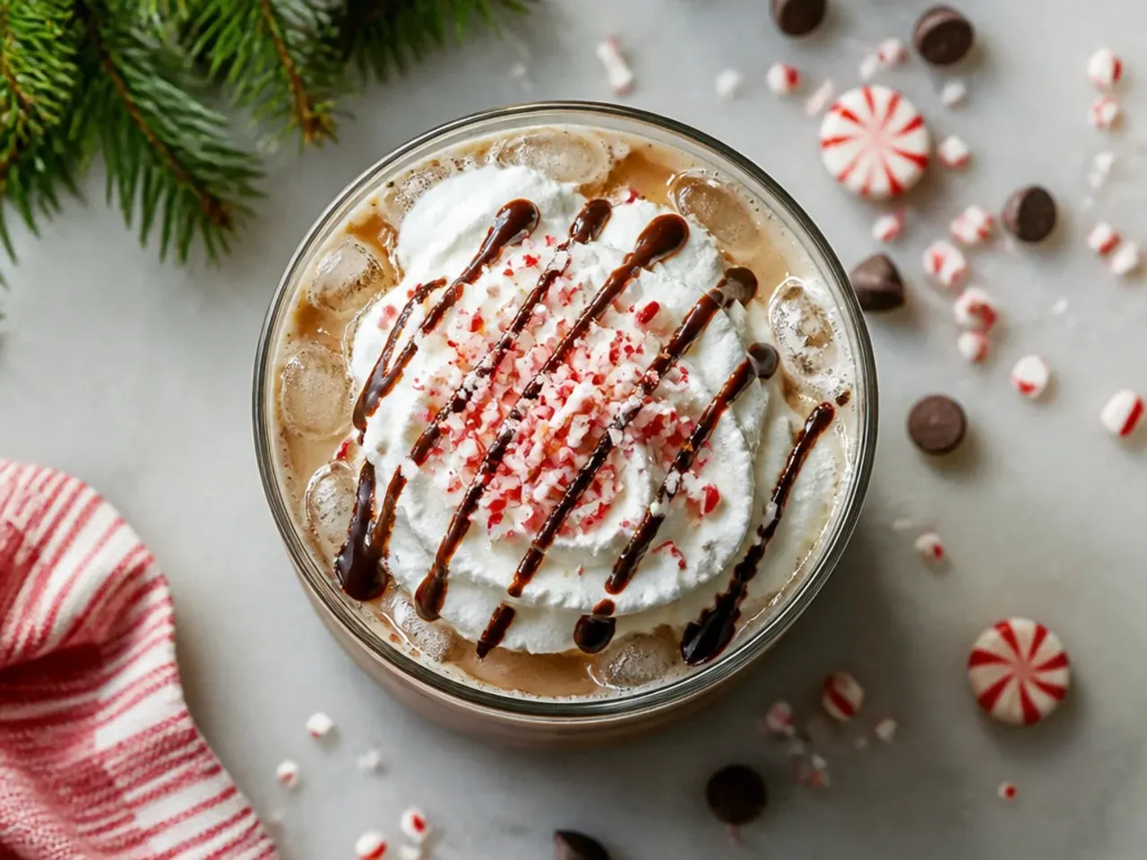 Iced peppermint white russian cocktail in a rocks glass with a crushed candy cane rim
