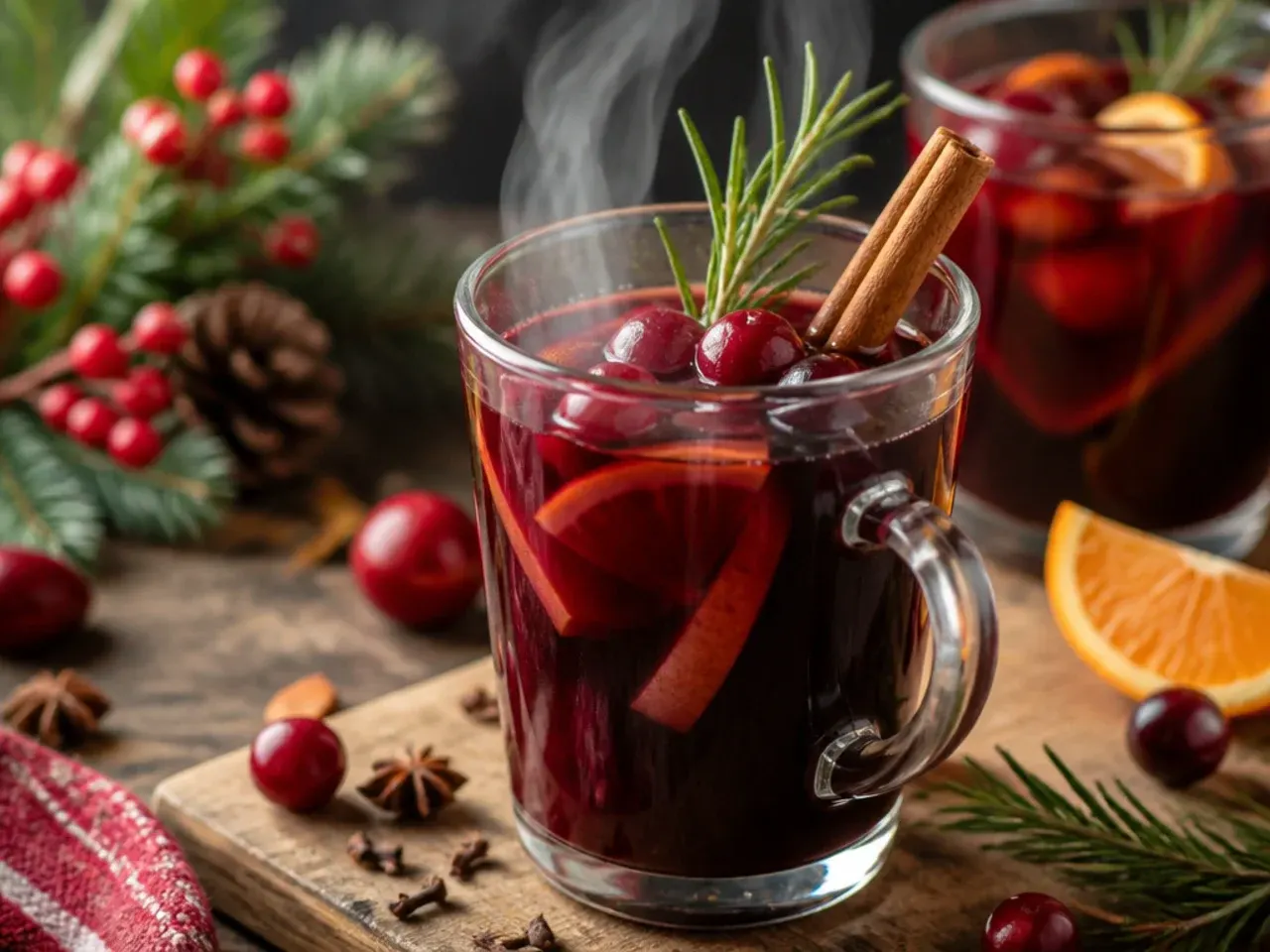 Steaming mug of classic mulled wine with orange slices and a cinnamon stick garnish