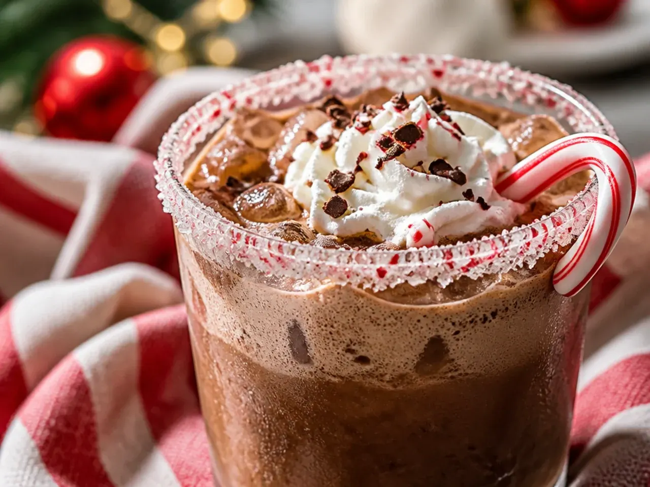 Peppermint mocha martini in a chocolate-drizzled glass dusted with cocoa powder