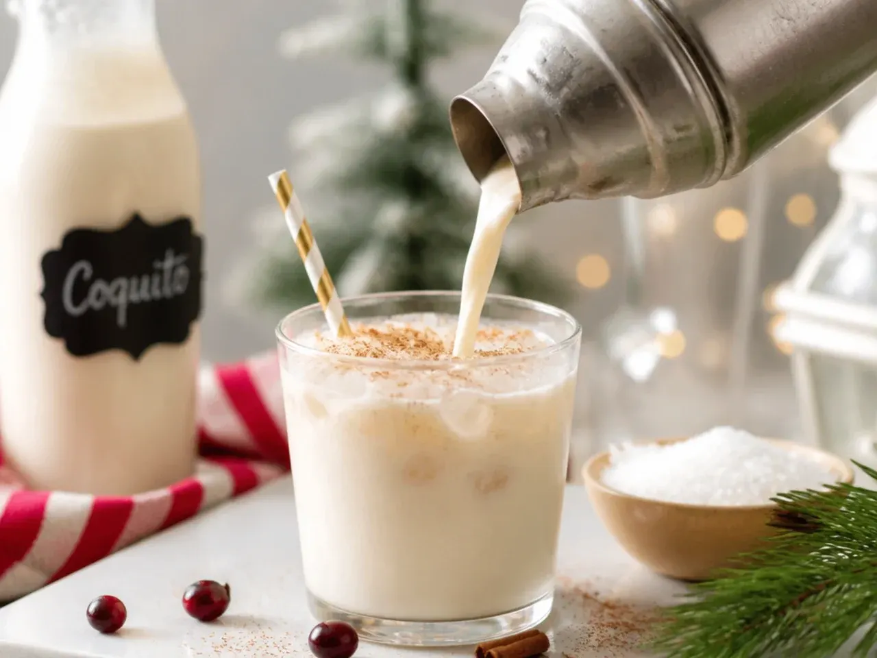 Bottle of creamy coquito coconut rum eggnog poured into small glasses with cinnamon garnish