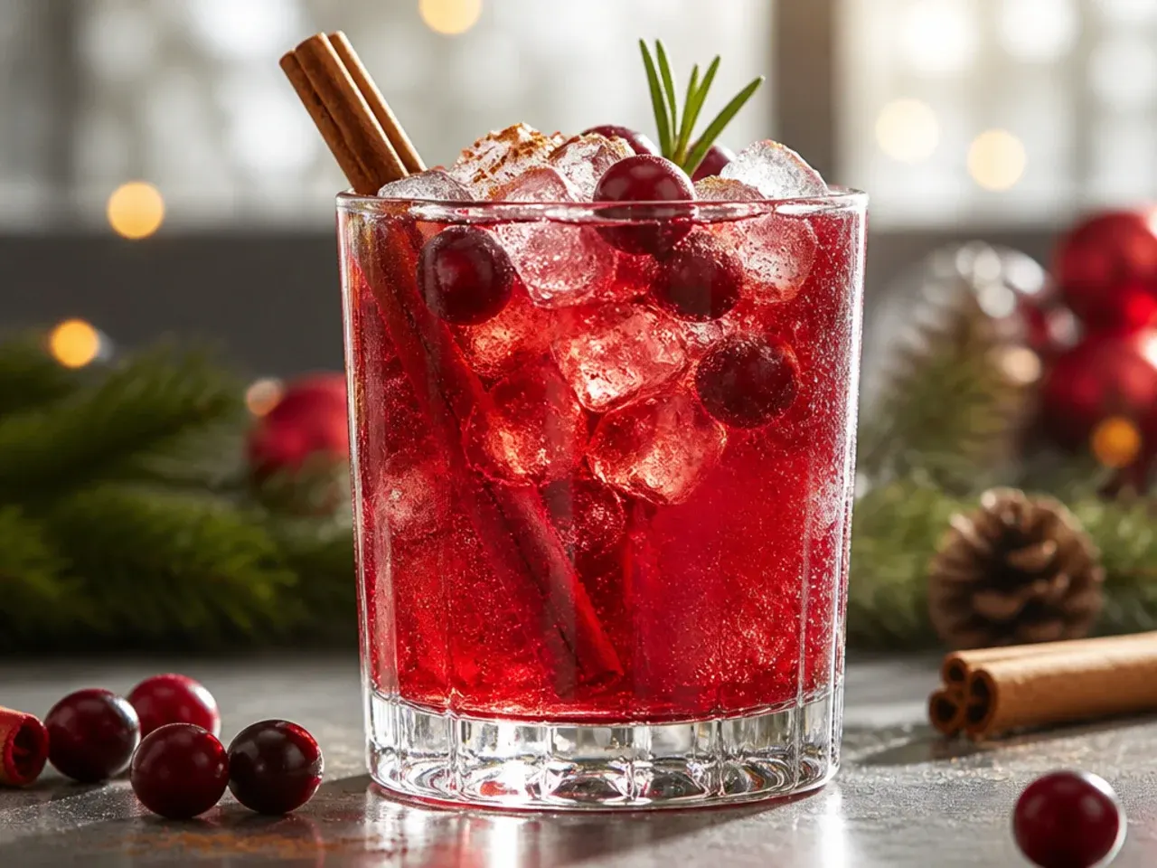 Cranberry ginger fizz cocktail with lime wheel and frozen cranberries in a highball glass