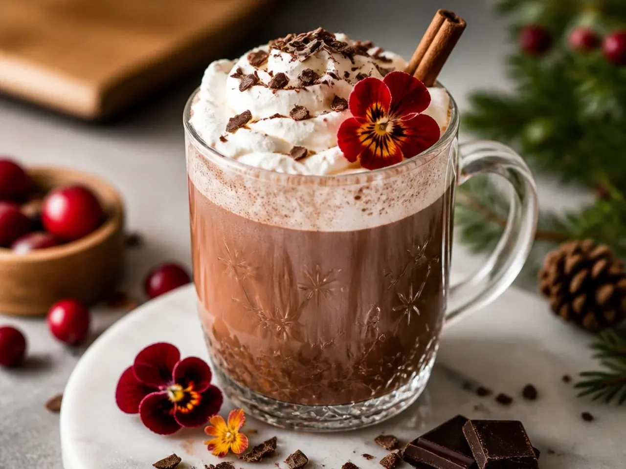 Mug of spiked hot chocolate topped with whipped cream and cocoa powder beside a fireplace