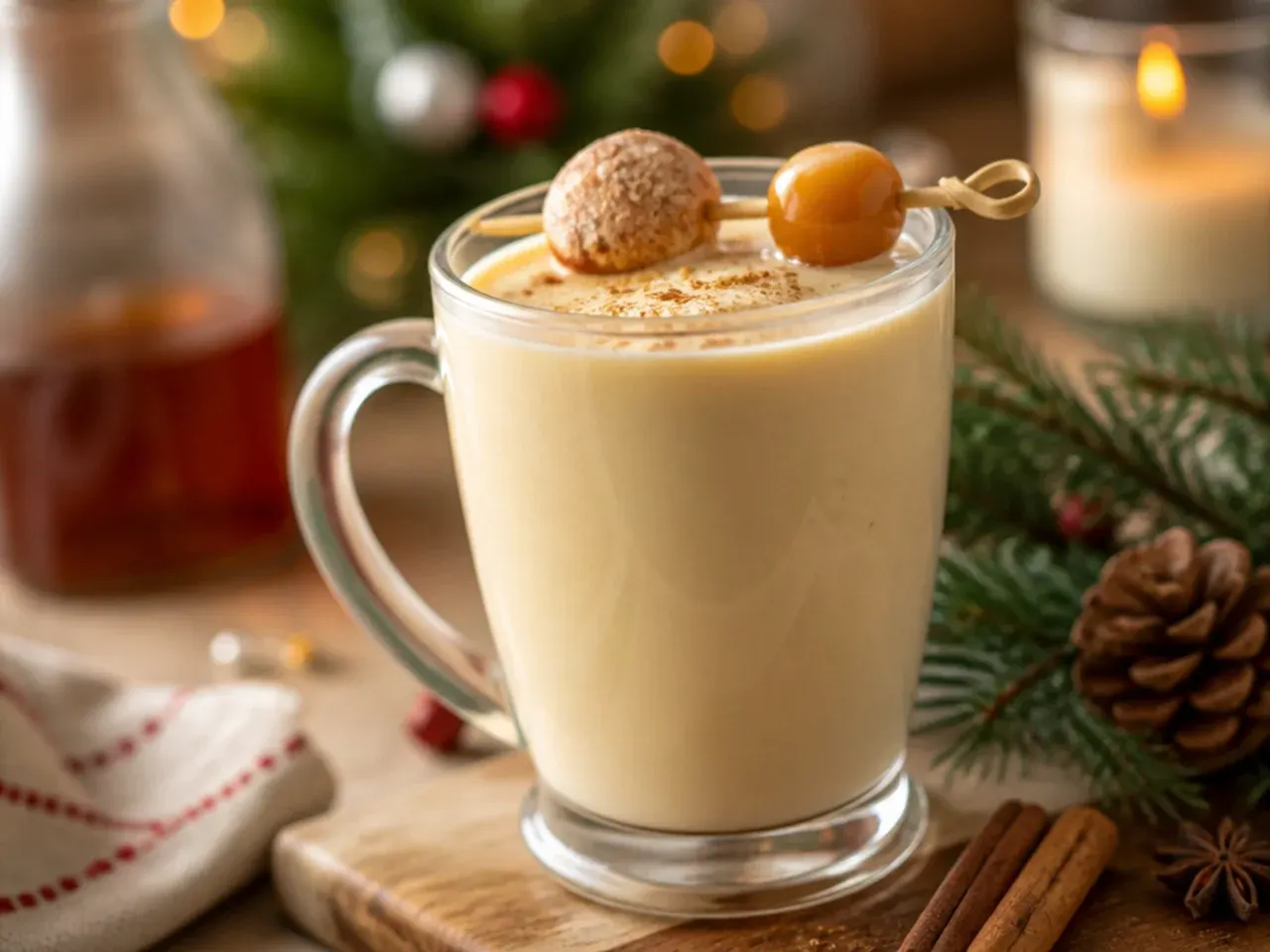 Creamy butterscotch eggnog in a short glass with fresh grated nutmeg on top