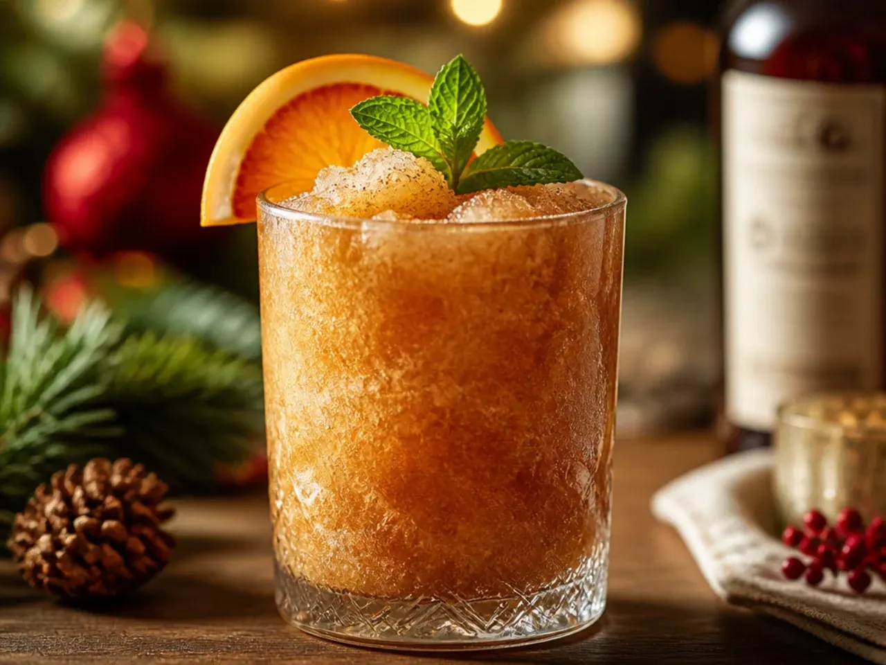 Frozen spiced rum slush in a cinnamon-sugar rimmed glass with a cinnamon stick garnish