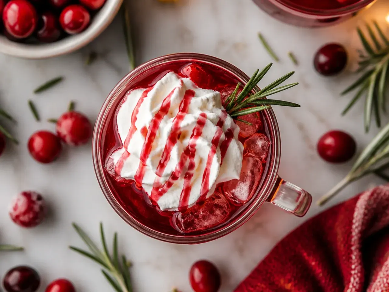 Poinsettia cocktail in a champagne flute topped with floating fresh cranberries