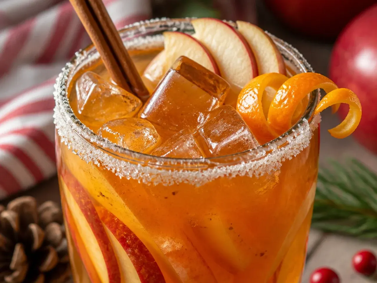 Pitcher of spiced apple cider sangria with sliced apples and cinnamon sticks