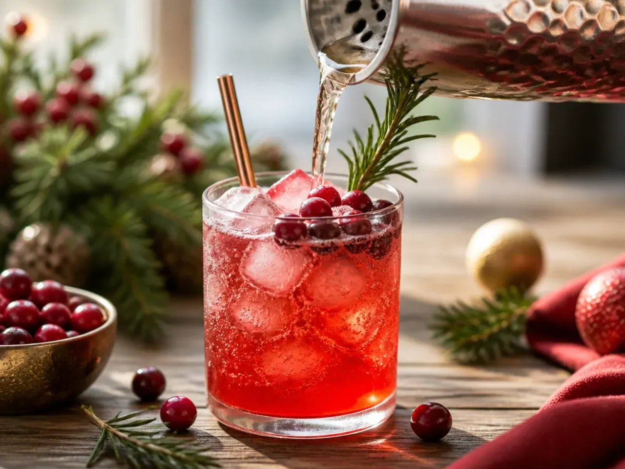 Punch bowl of festive cranberry champagne punch with a floating ring of frozen cranberries