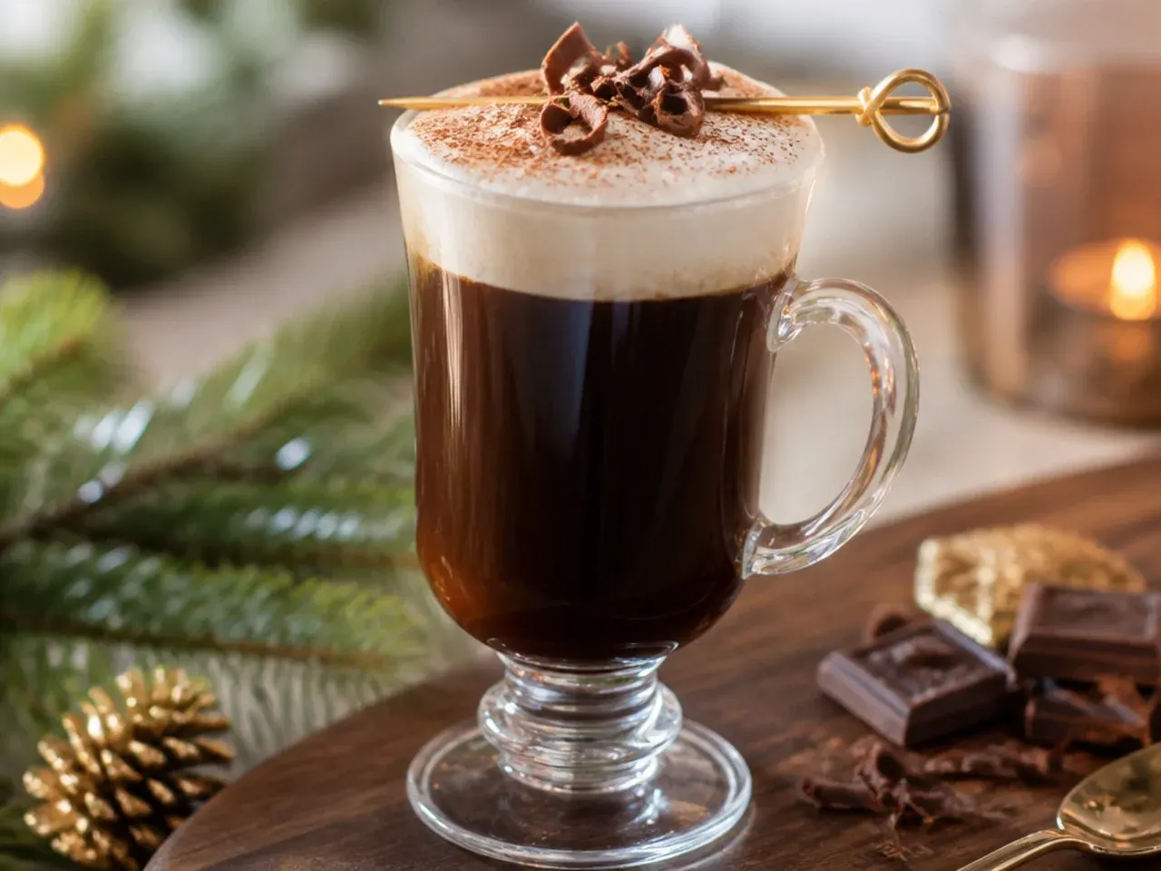 Irish coffee in a glass mug with a distinct floating cream layer on top