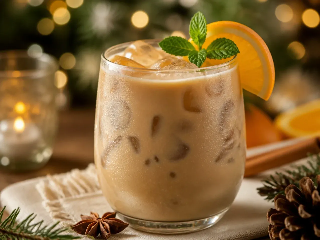 Iced chai spiced rum latte in a tall glass dusted with cinnamon