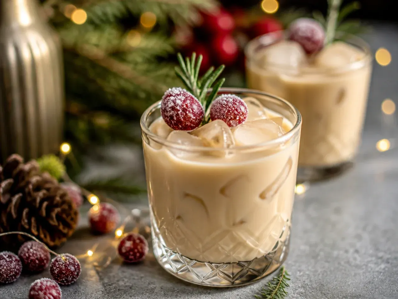 Bottle of homemade Irish cream liqueur poured over ice in a rocks glass