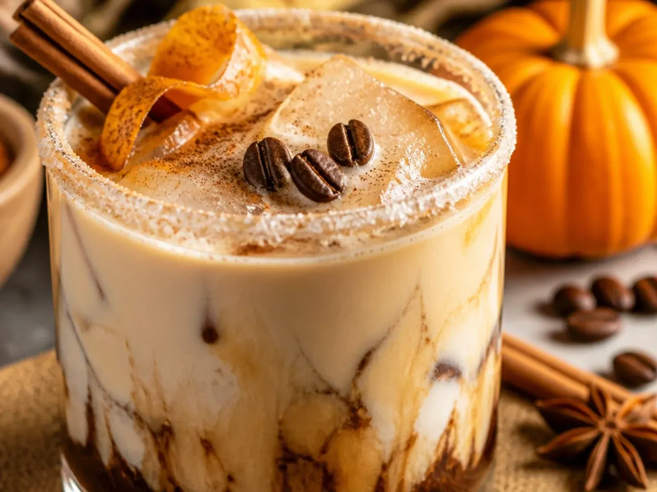 Pumpkin spice white russian cocktail with a crushed graham cracker rim