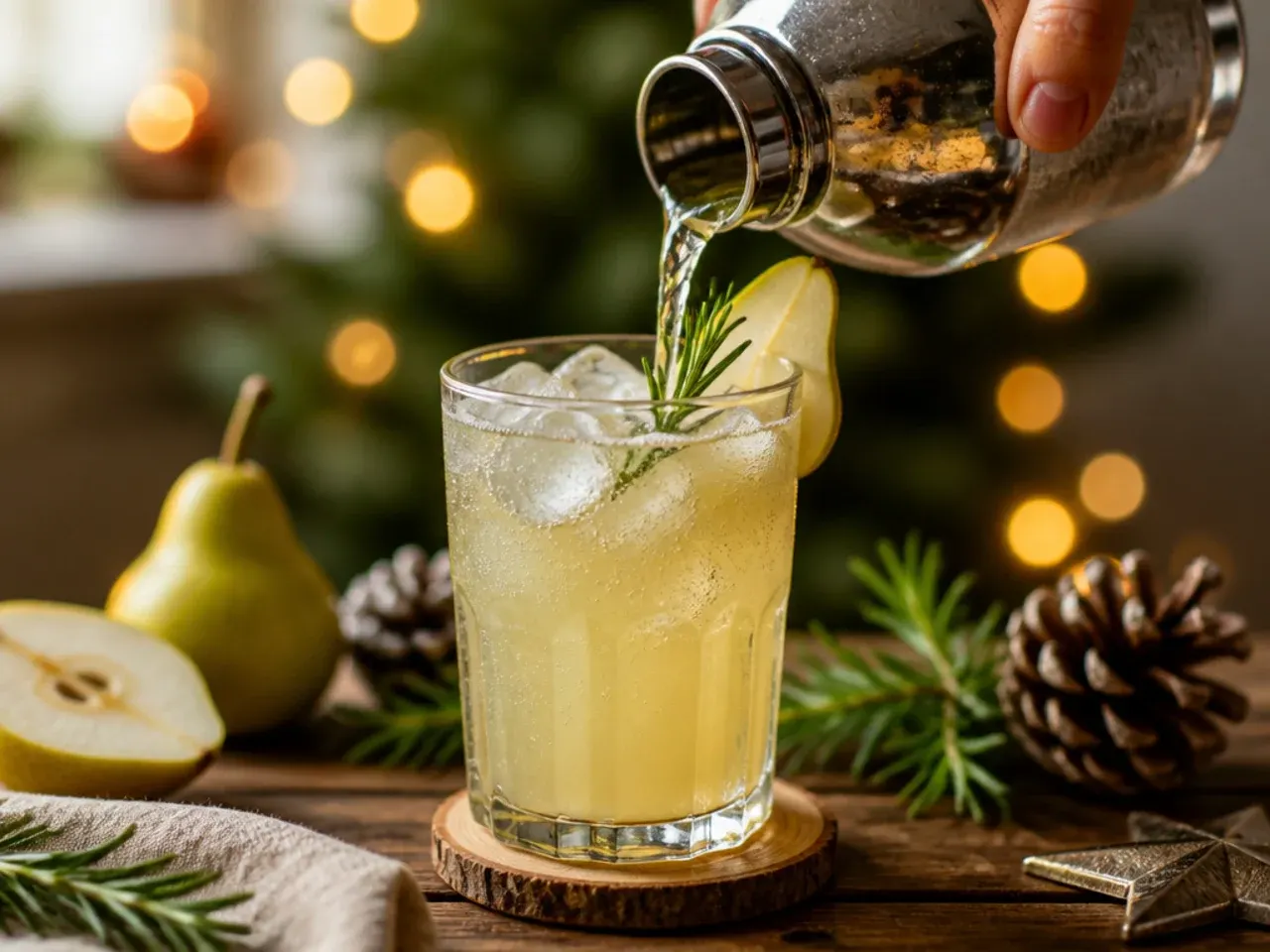 Rosemary pear fizz cocktail garnished with a pear slice and rosemary sprig