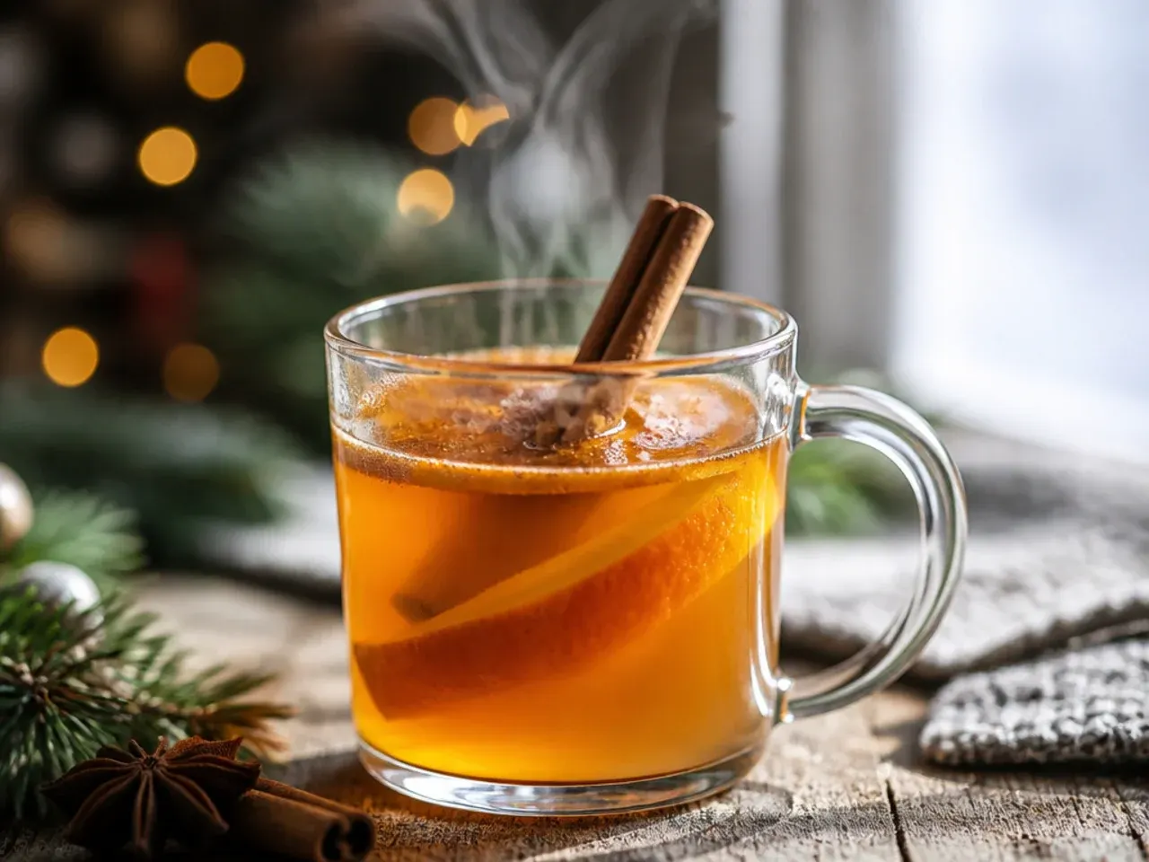 Slow cooker of mulled cider with brandy, orange slices, and cinnamon sticks