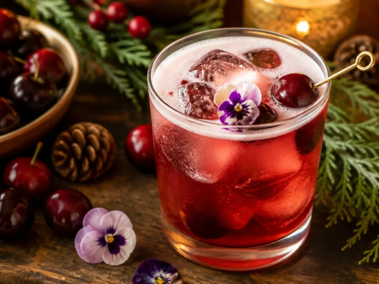 Cherry amaretto sour cocktail garnished with a brandied cherry and orange twist