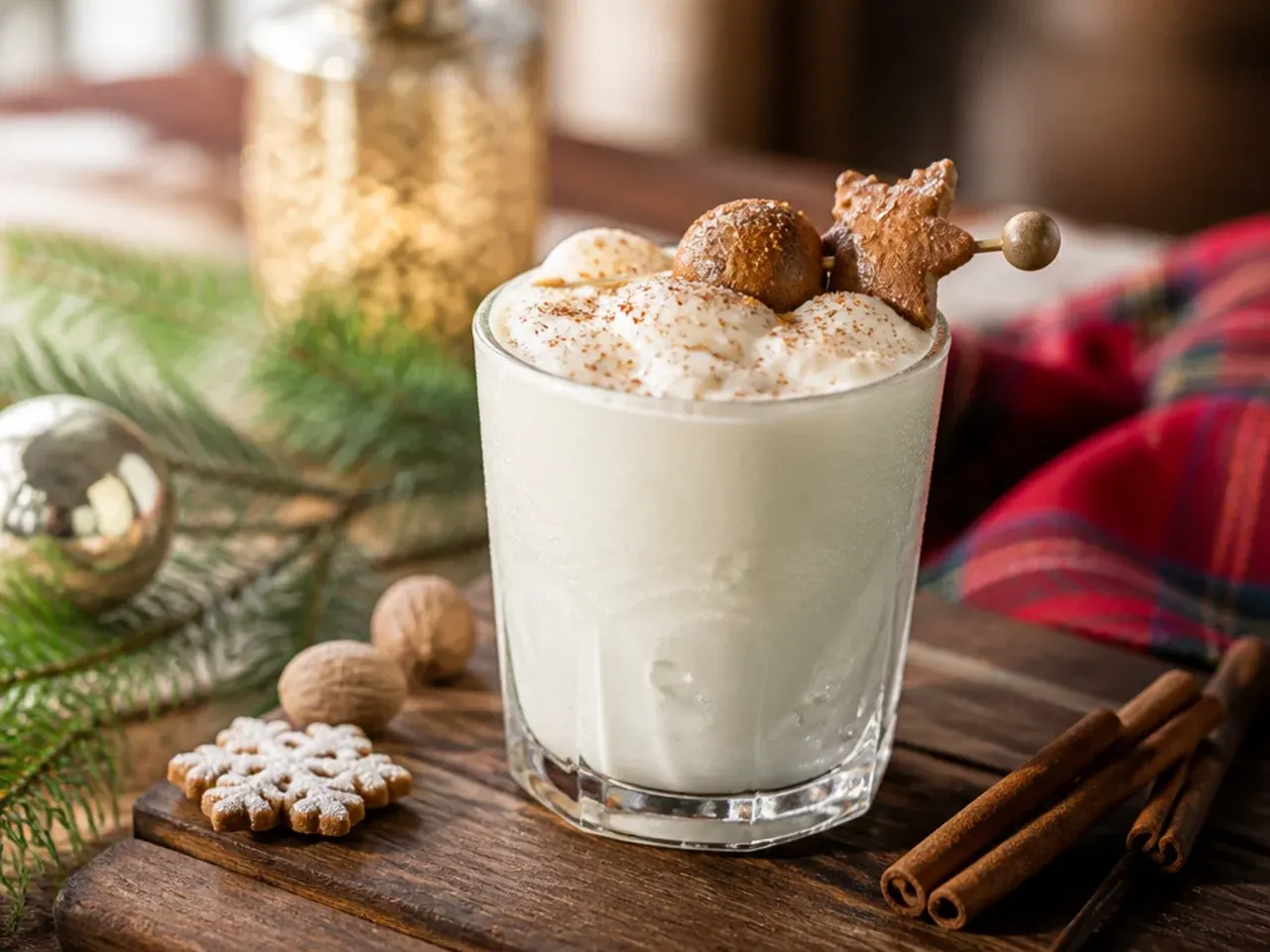 Frozen eggnog milkshake topped with whipped cream and a mini gingerbread cookie