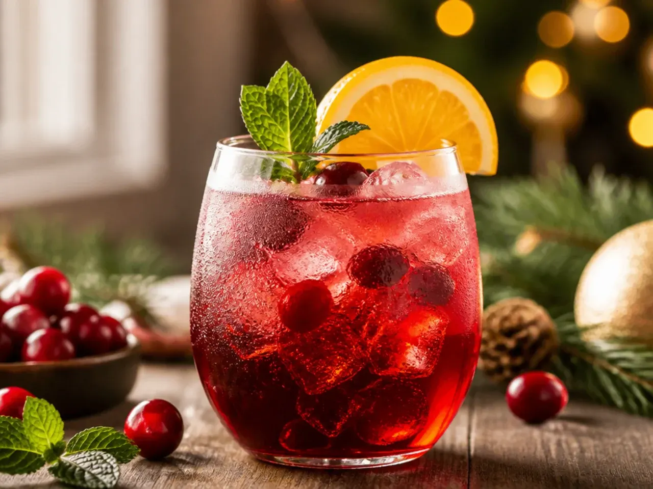 Prosecco cranberry spritz in a wine glass with a rosemary sprig garnish