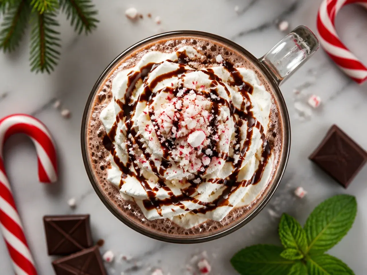 Peppermint mocha frappé in a tall glass with chocolate drizzle and crushed candy cane