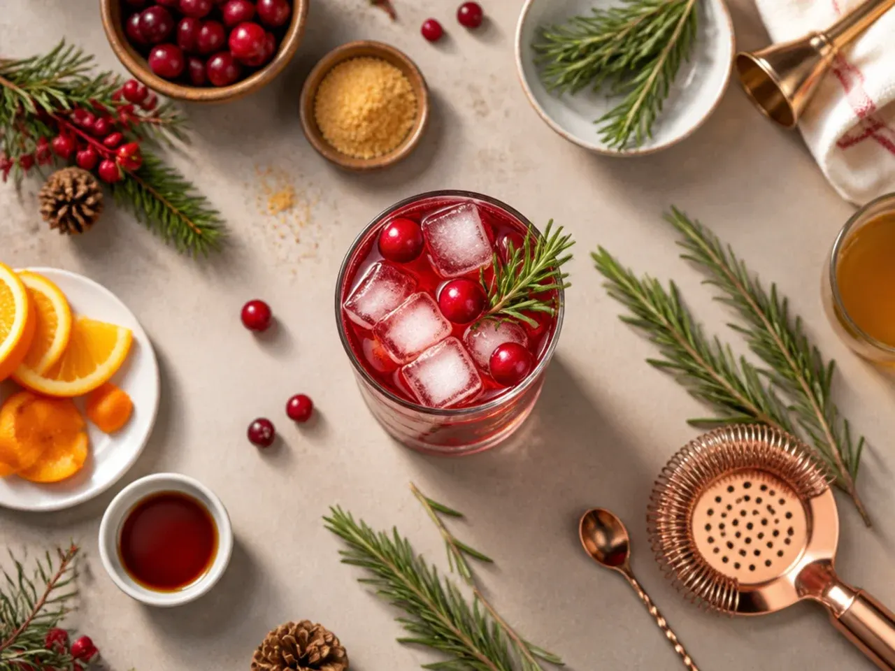 Bar cart set up with jiggers, a shaker, and holiday cocktail ingredients ready for mixing