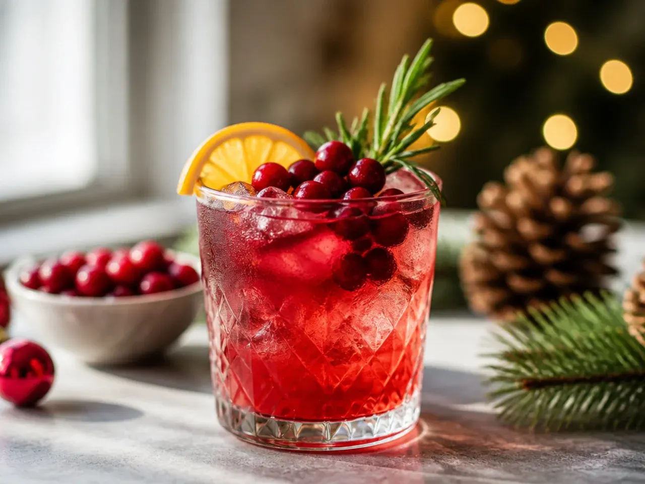 Garnish tray with candy canes, cinnamon sticks, rosemary sprigs, and frozen cranberries
