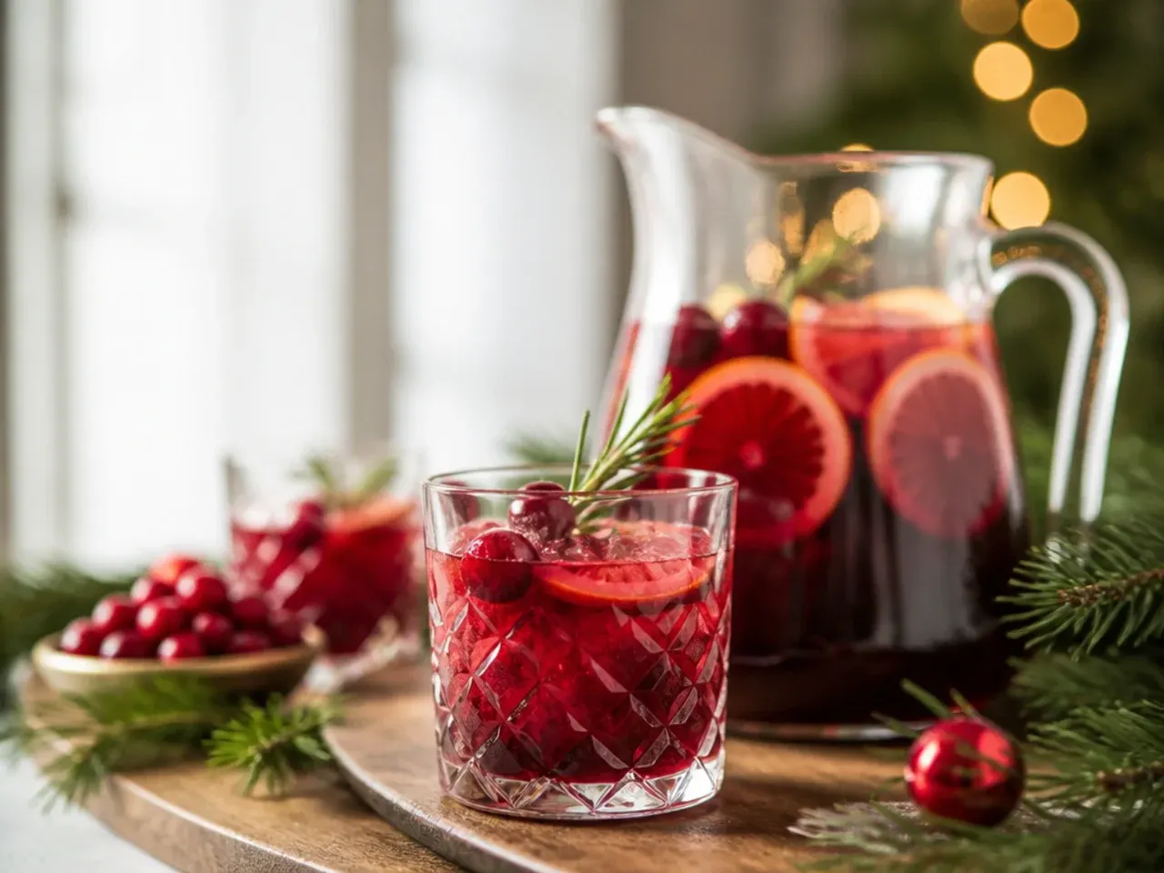 Large pitcher of batched holiday cocktail labelled and chilling in the fridge next to a non-alcoholic pitcher