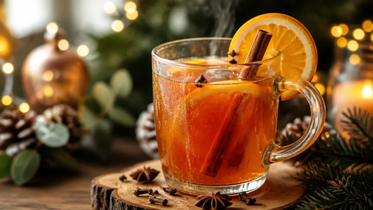 A table of holiday brunch drinks including a cranberry mimosa, spiced cocoa, and mulled cider garnished with cinnamon and orange slices