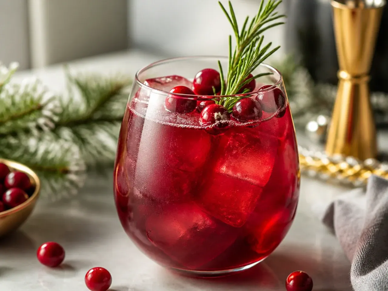 Overhead shot of several holiday brunch drinks arranged on a festive table with greenery
