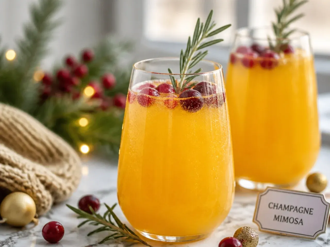 Classic champagne mimosa in a flute glass with a orange slice garnish
