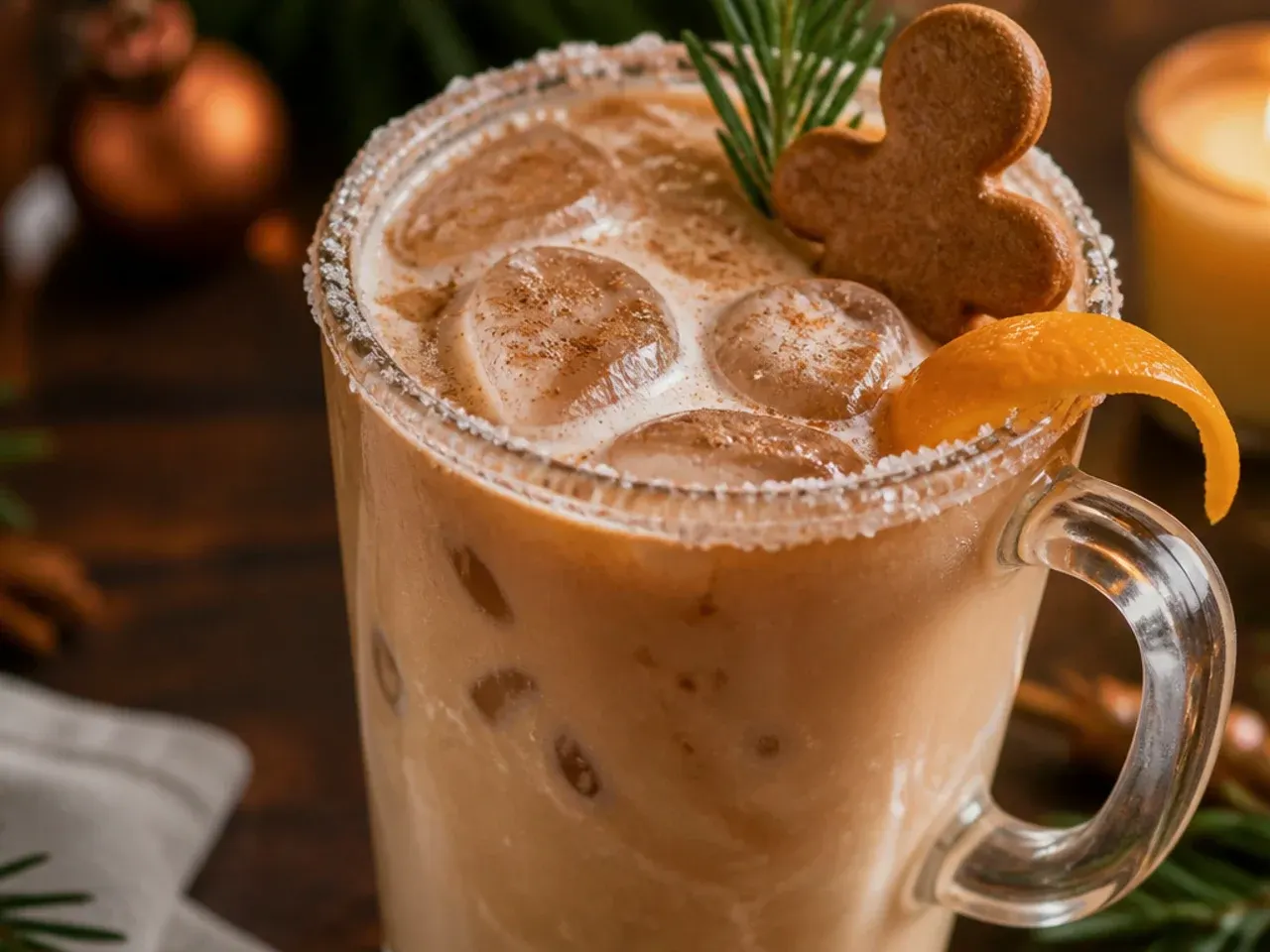 Copycat gingerbread latte in a glass mug topped with whipped cream and ground ginger