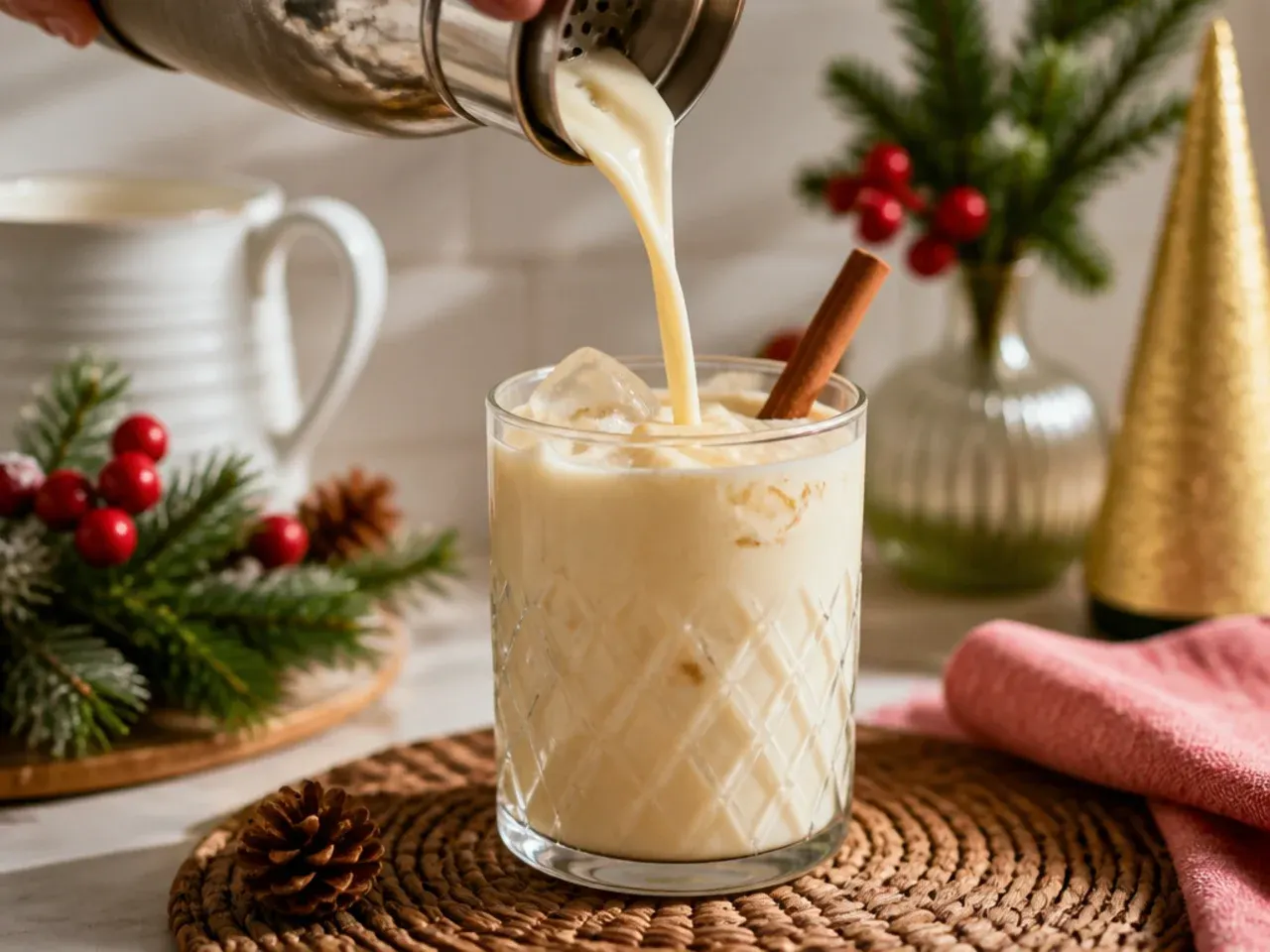 Creamy eggnog cocktail in a rocks glass dusted with fresh grated nutmeg