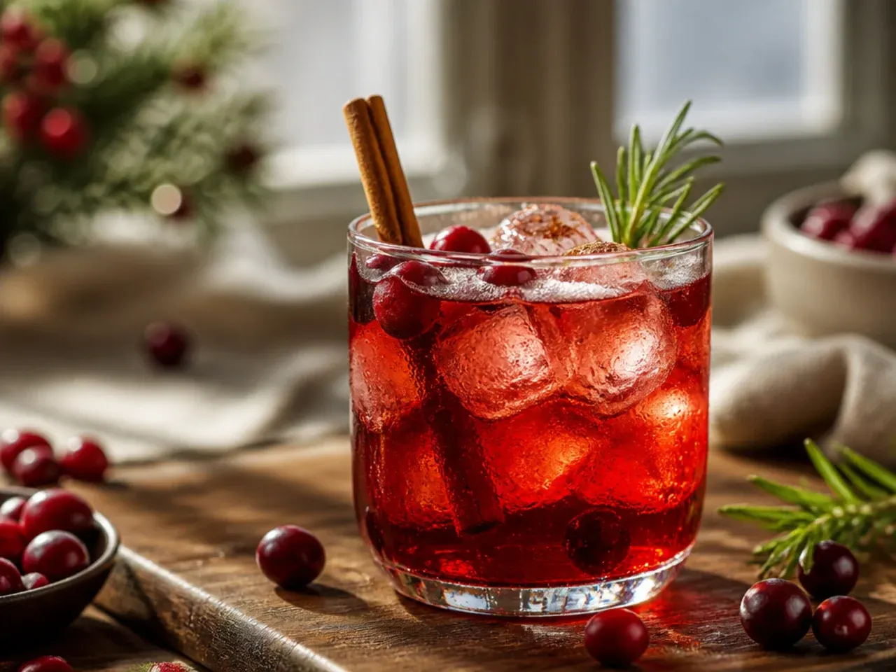 Refreshing cranberry spritzer in a tall glass with lime wedge and floating cranberries