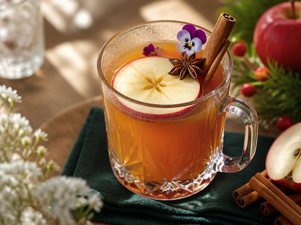 Cozy mulled apple cider in a glass mug with cinnamon stick and orange slice garnish