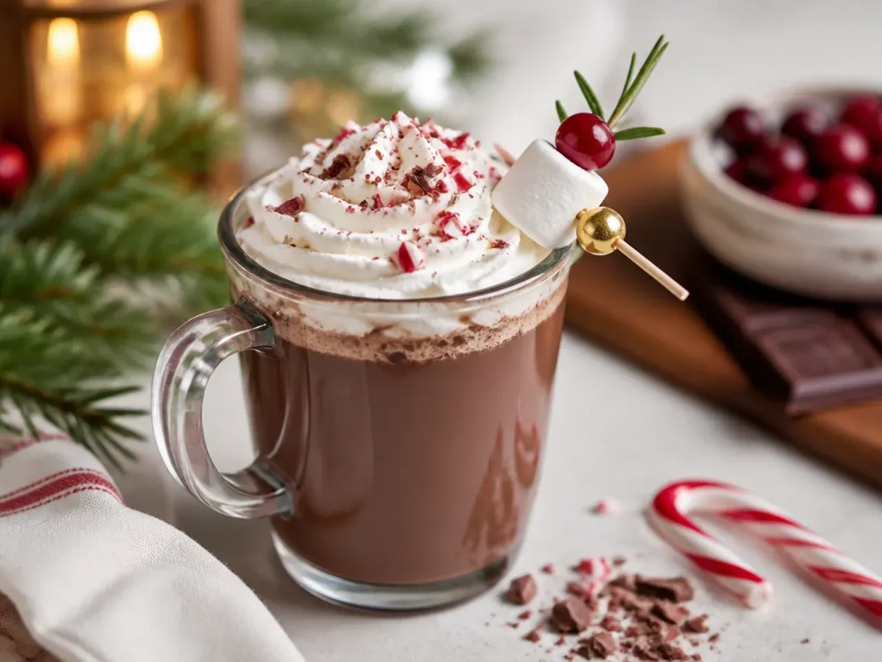 Sweet hot chocolate bar with mugs of cocoa and toppings including marshmallows and candy canes