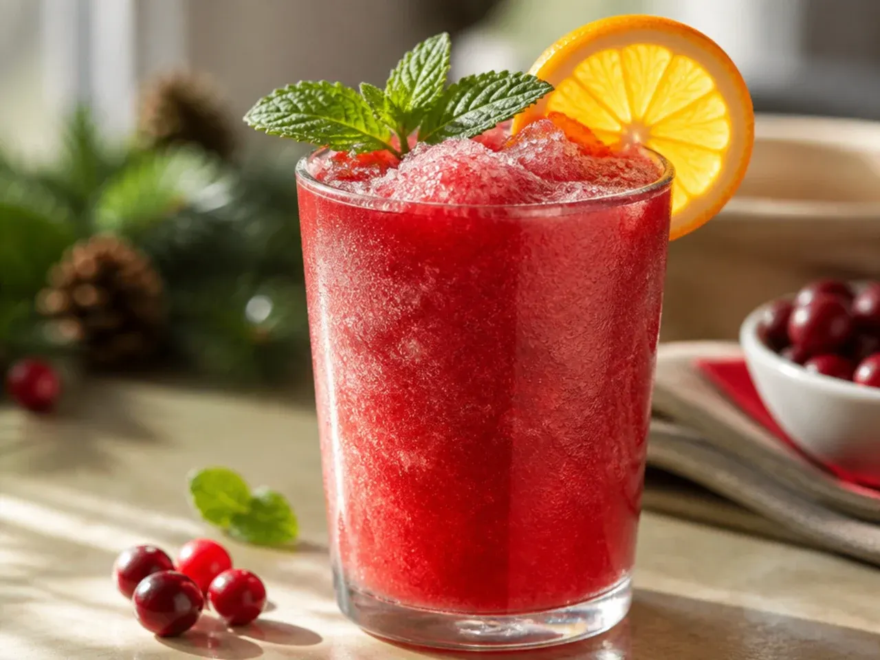 Frozen cranberry slush in a stemmed glass with a bright red slushy texture