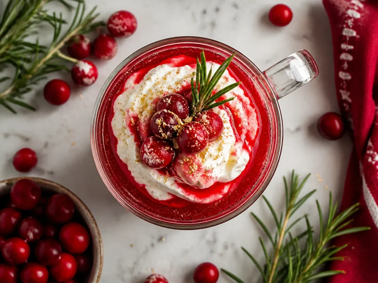 Easy poinsettia cocktail in a champagne flute with cranberries floating at the bottom