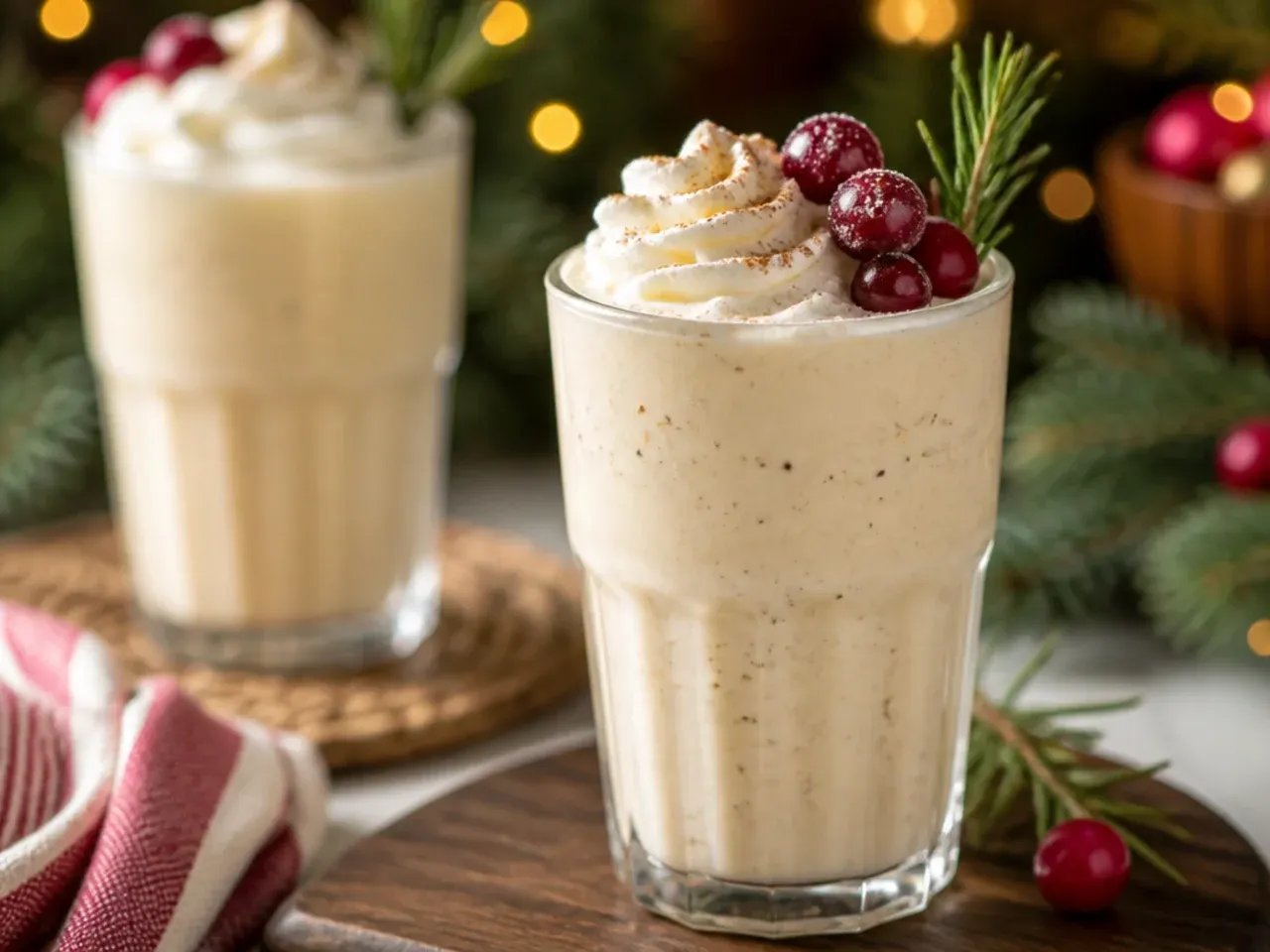 Blended eggnog milkshake in a tall glass topped with whipped cream and cinnamon