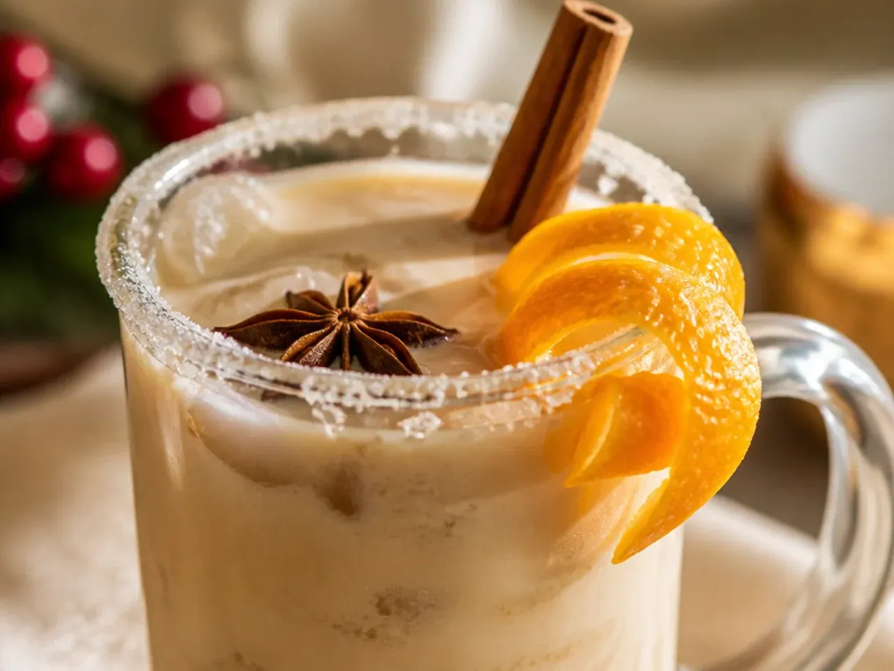 Spiced chai latte in a glass mug with milk foam and a dusting of cardamom