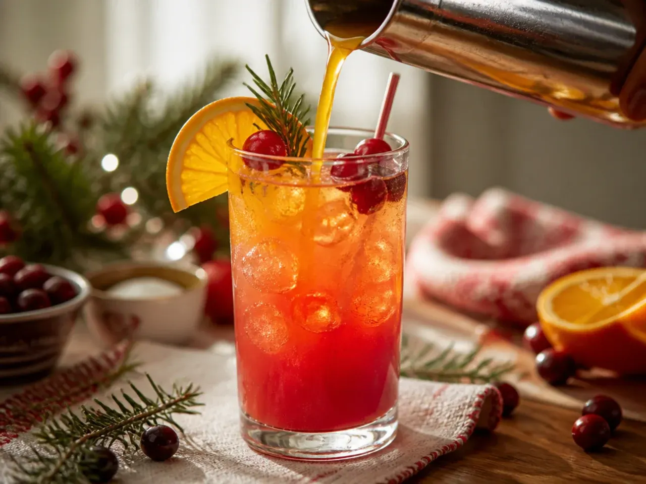 Festive cranberry orange mimosa with visible layered colours in a champagne flute