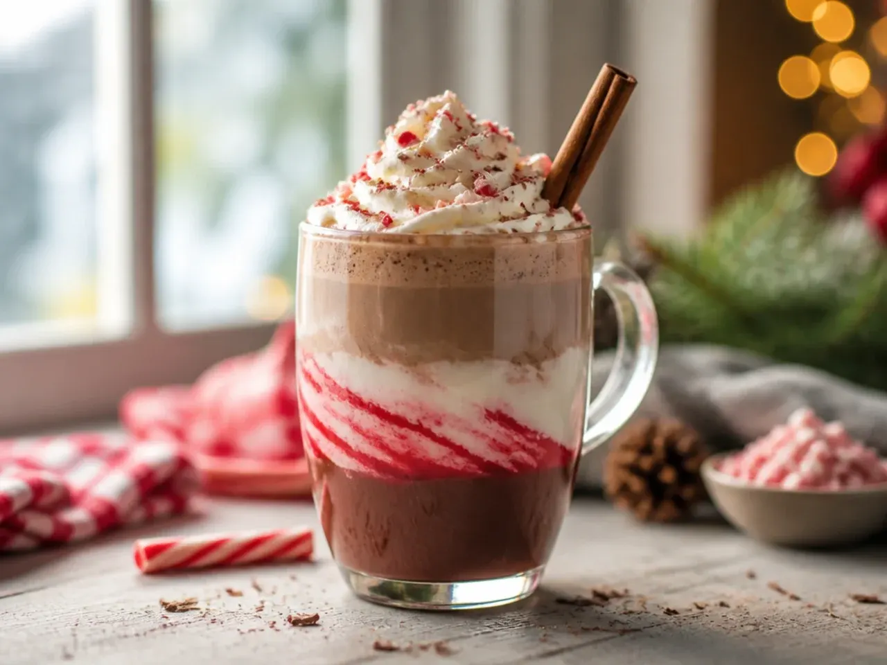 Layered candy cane cocoa in a clear glass mug showing white and dark chocolate layers