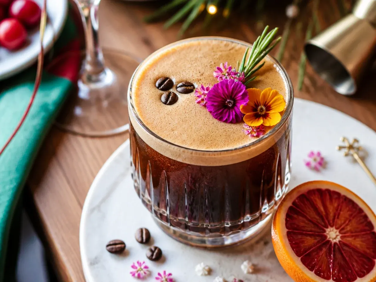 Bold espresso martini in a coupe glass with foam and three coffee beans floating on top