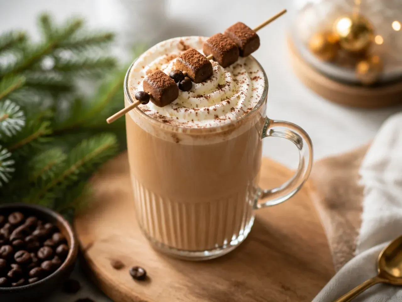 Smooth Baileys coffee in a glass mug topped with whipped cream and chocolate drizzle