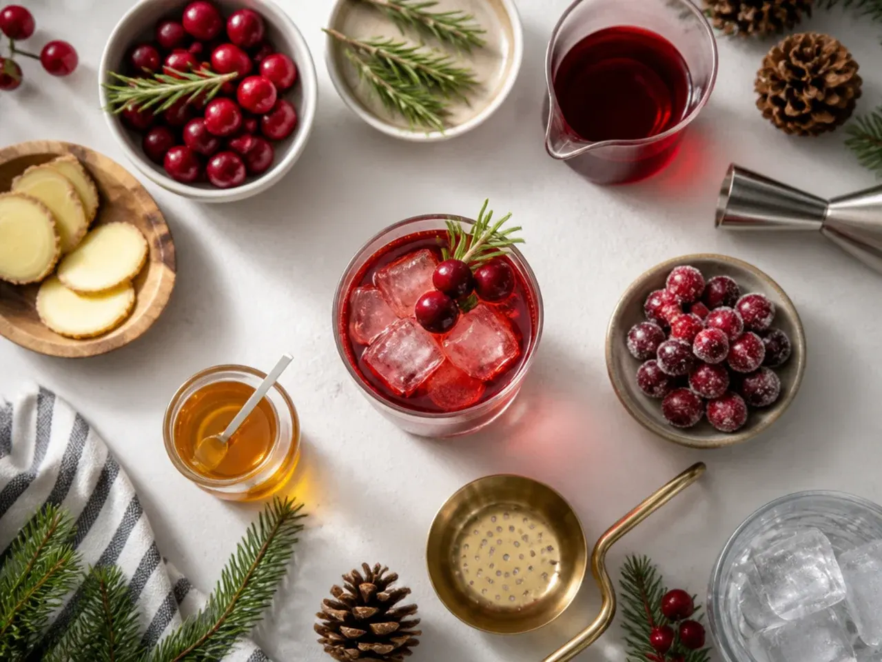 Close-up of hands preparing holiday brunch drinks with ice and garnishes on a counter