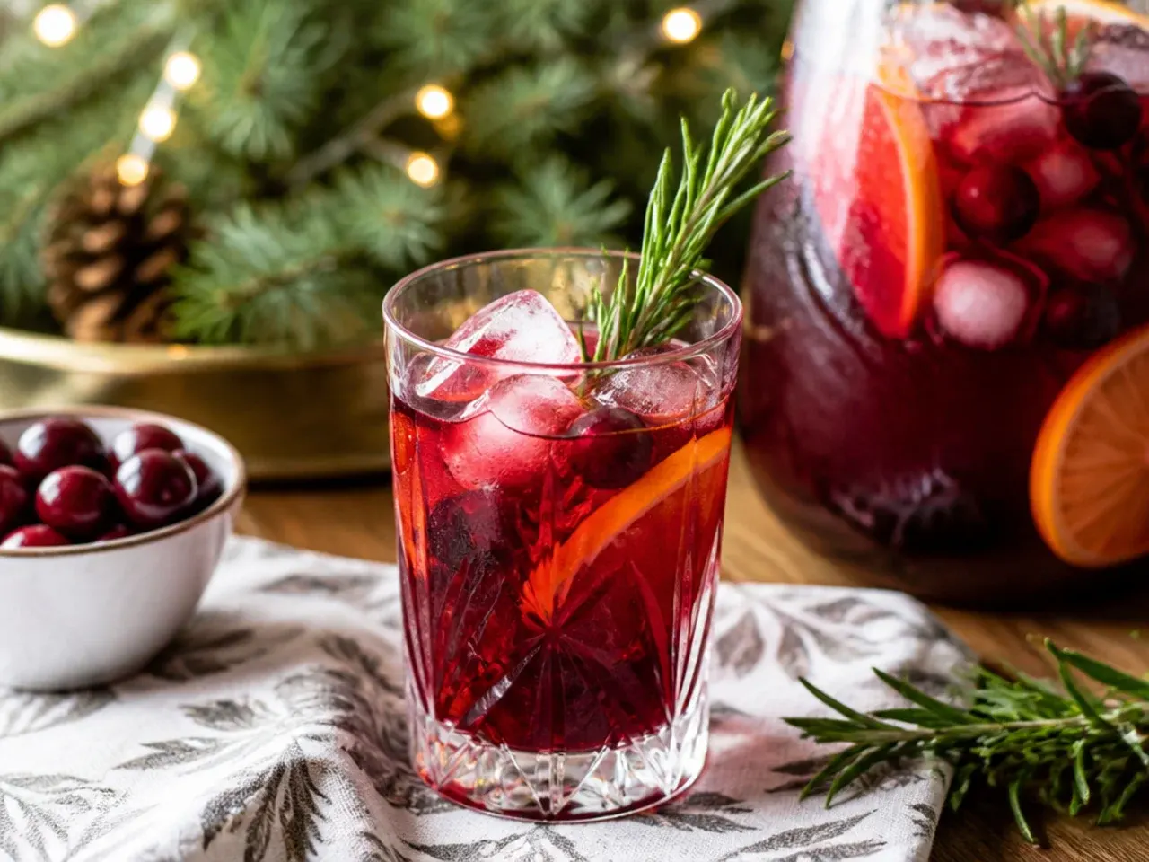 Pitchers of pre-made drink bases and a slow cooker of mulled cider ready for a holiday brunch