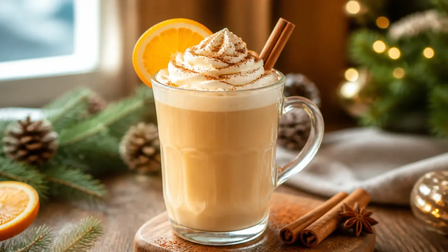 A wooden tray of festive holiday coffee drinks in glass mugs, topped with whipped cream, cinnamon, and crushed peppermint, surrounded by fairy lights and pine sprigs